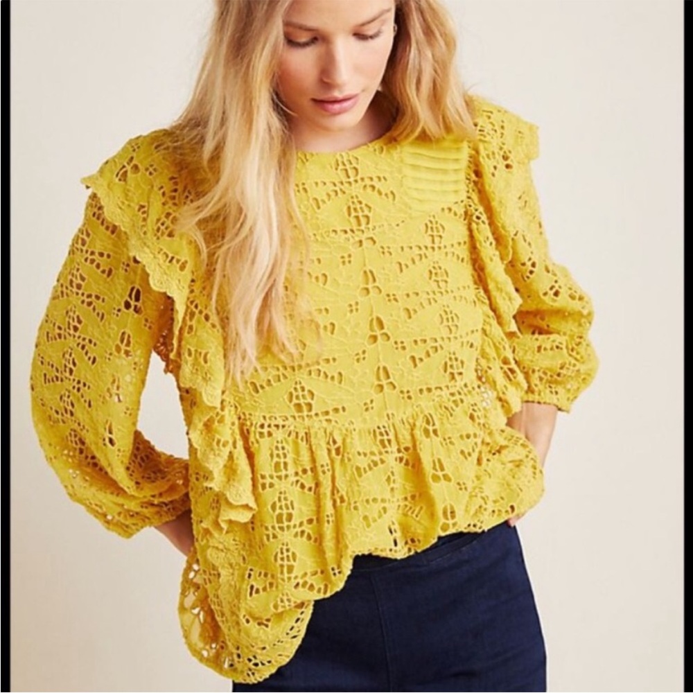 Anthropologie Clementine Peasant Blouse SZ 6 Yellow Eyelet Ruffles Boho Hipster